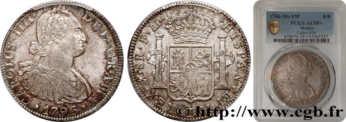 MEXICO - CHARLES IV 8 Reales  1796 Mexico AU58 PCGS