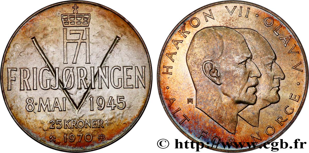NORVÈGE 25 Kroner 25e anniversaire de la Libération 1970  SUP 