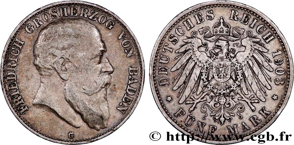 ALLEMAGNE - BADE 5 Mark Frédéric / aigle 1903 Karlsruhe  TB+ 