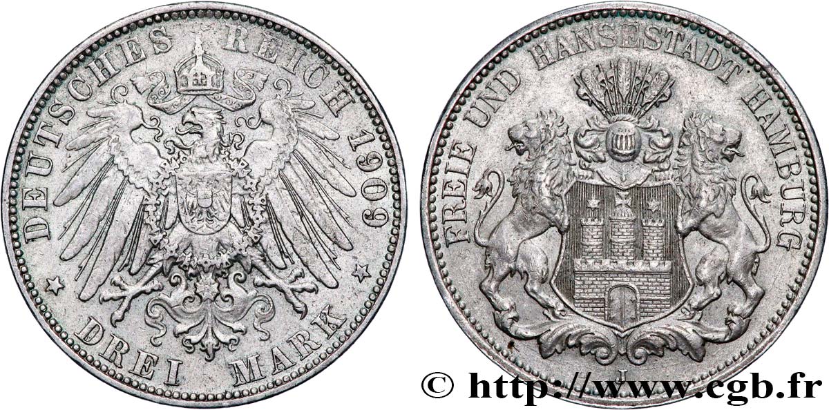 GERMANY - FREE CITY OF HAMBURG 3 Mark 1909 Hambourg XF 