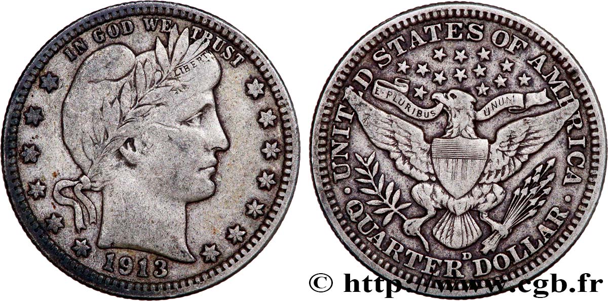 ÉTATS-UNIS D AMÉRIQUE 1/4 Dollar Barber 1913 Denver TB+ 