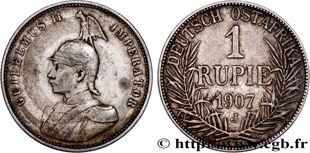 GERMAN EAST AFRICA 1 Rupie (Roupie) Guillaume II Deutsch-Ostafrica 1907 Hambourg XF 