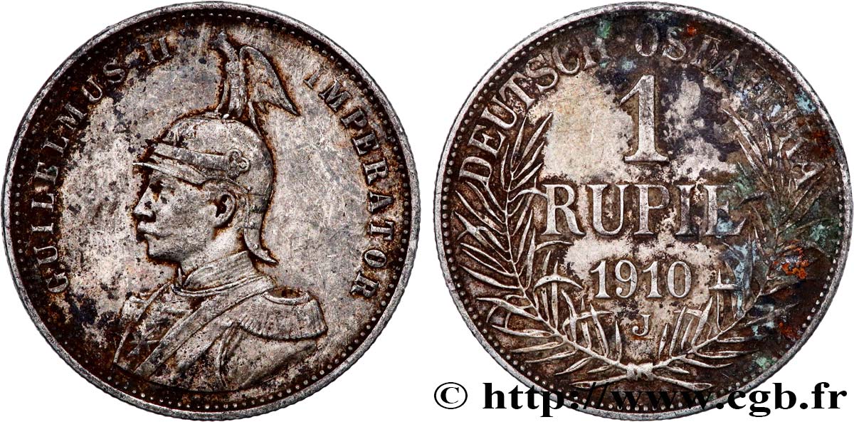 GERMAN EAST AFRICA 1 Rupie (Roupie) Guillaume II Deutsch-Ostafrica 1910 Hambourg XF 