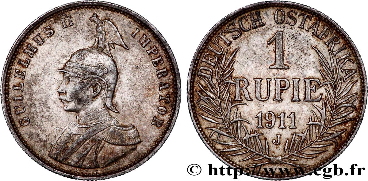 GERMAN EAST AFRICA 1 Rupie (Roupie) Guillaume II Deutsch-Ostafrica 1911 Hambourg - J XF/AU 