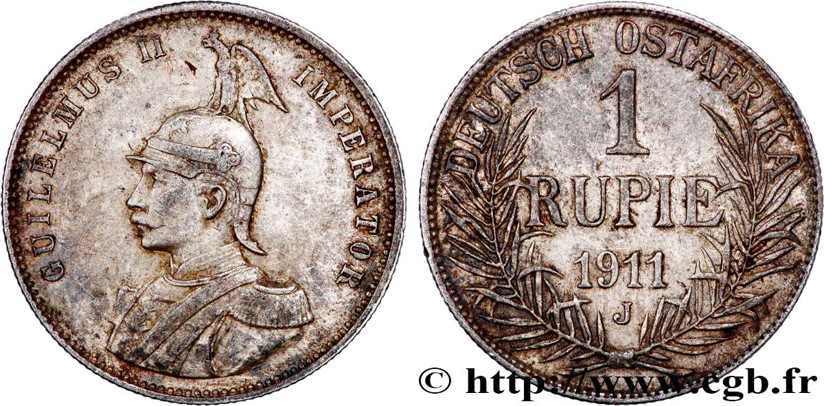 GERMAN EAST AFRICA 1 Rupie (Roupie) Guillaume II Deutsch-Ostafrica 1911 Hambourg - J XF/AU 