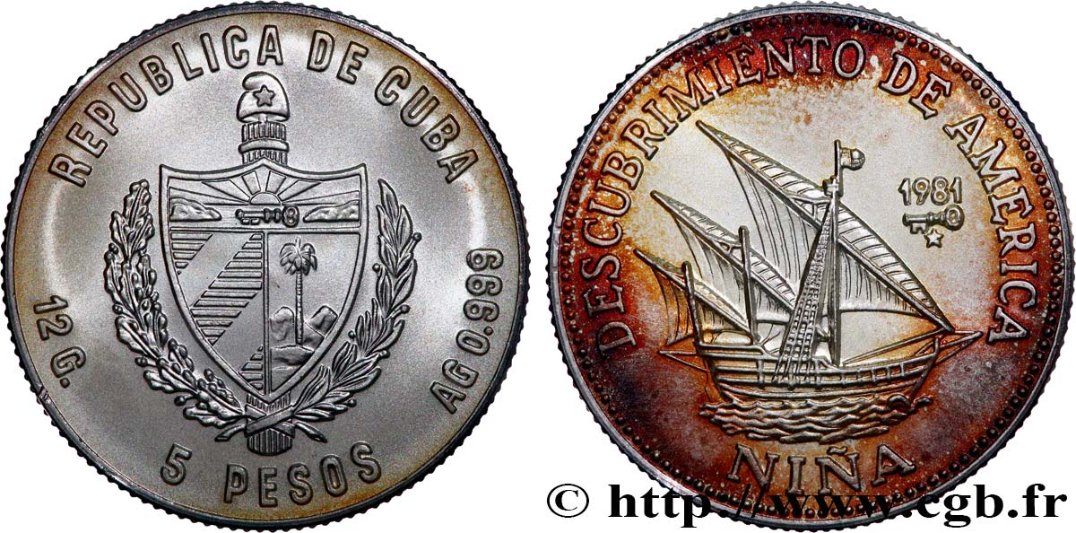 CUBA 5 Pesos découverte de l’Amérique - la Nina 1981  SPL 