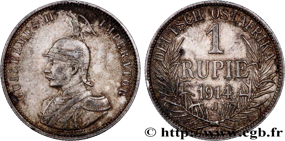 GERMAN EAST AFRICA 1 Rupie (Roupie) Guillaume II Deutsch-Ostafrica 1914 Hambourg XF 
