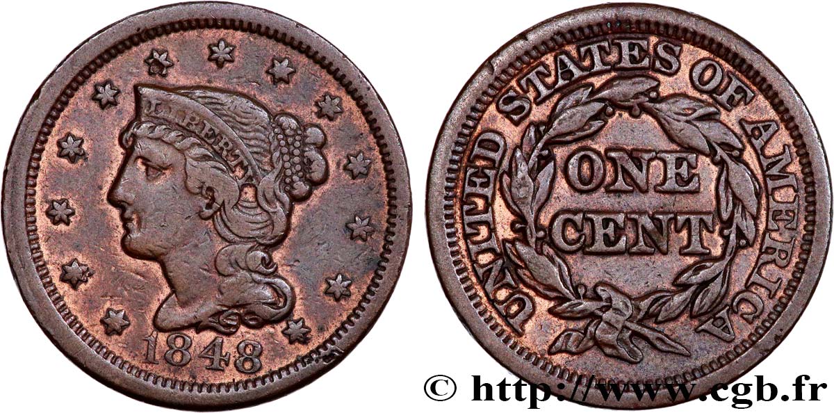 ÉTATS-UNIS D AMÉRIQUE 1 Cent Liberté “Braided Hair” 1848 Philadelphie SUP/TTB+ 