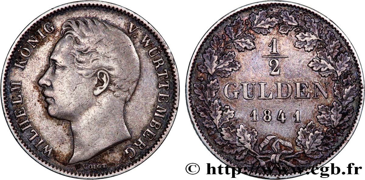 GERMANY - KINGDOM OF WÜRTTEMBERG - WILLIAM I 1/2 Gulden  1841  XF 