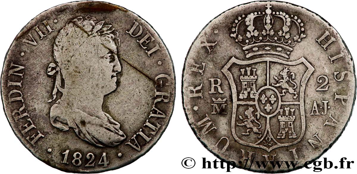 ESPAÑA 2 Reales Roi Ferdinand VII 1824 Madrid BC 