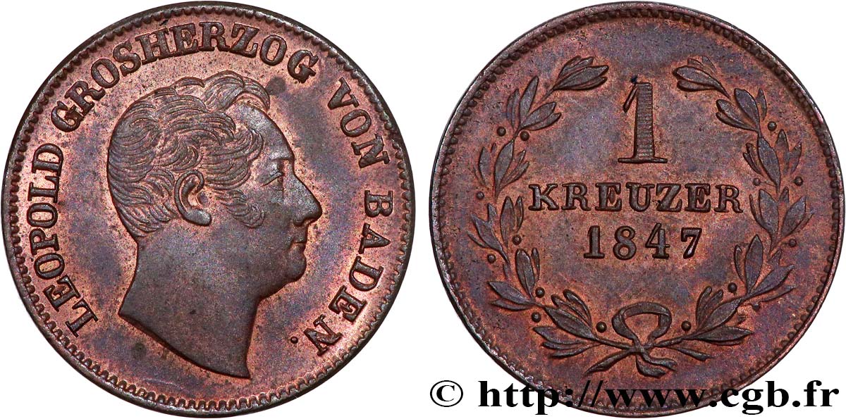 GERMANIA - BADEN 1 Kreuzer Grand-Duché de Bade : Léopold, type à la grosse tête 1847 Karlsruhe SPL 
