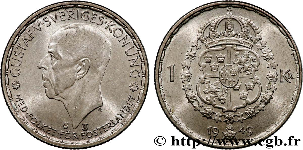 SWEDEN 1 Krona Gustave V 1949  AU 