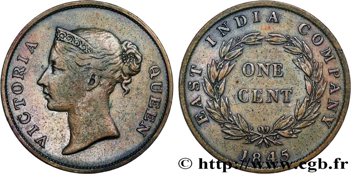 STRAITS SETTLEMENTS 1 Cent Victoria East India Company 1845  XF 
