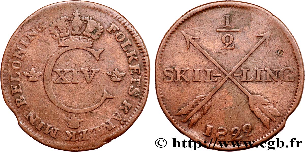 SWEDEN 1/2 Skilling monogramme du roi Charles XIV 1822  VF 