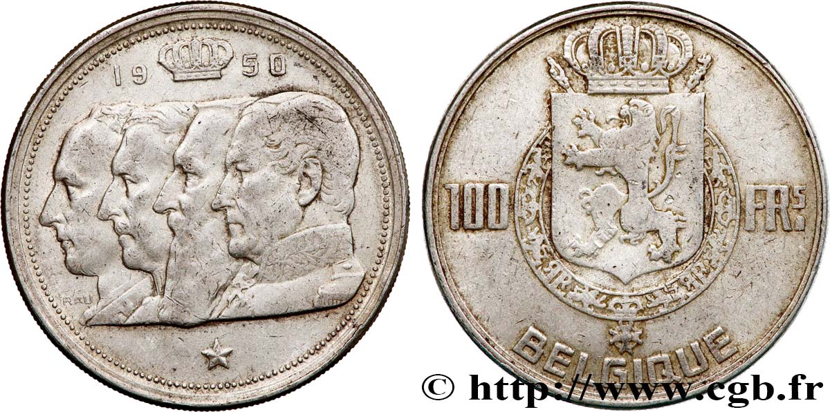 BELGIQUE 100 Francs portraits des quatre rois de Belgique, légende française 1950  TTB 
