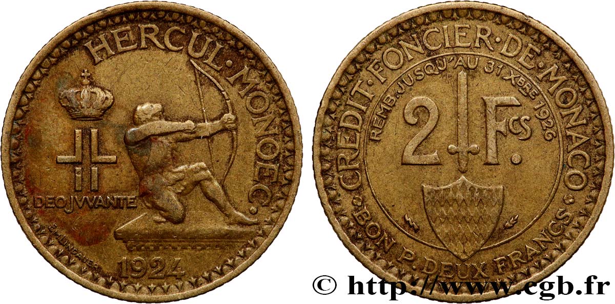 MONACO 2 Francs émission du Crédit Foncier de Monaco 1924 Poissy TTB 