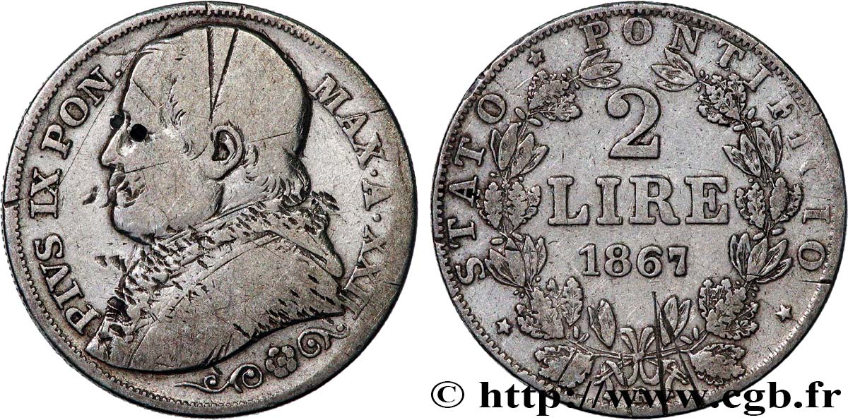 VATICAN ET ÉTATS PONTIFICAUX 2 Lire Pie IX an XXII 1867 Rome TB 