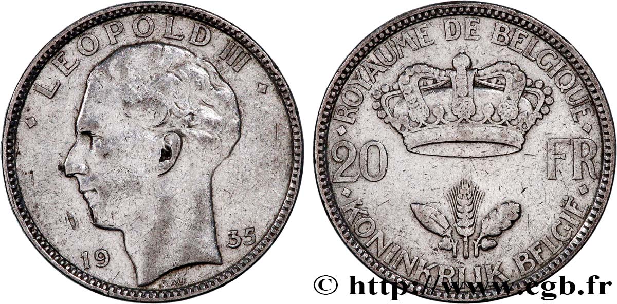 BÉLGICA 20 Francs Léopold III  1935  MBC 