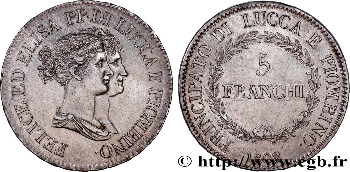 ITALY - PRINCIPALTY OF LUCCA AND PIOMBINO - FELIX BACCIOCHI AND ELISA BONAPARTE 5 Franchi 1808 Florence AU 