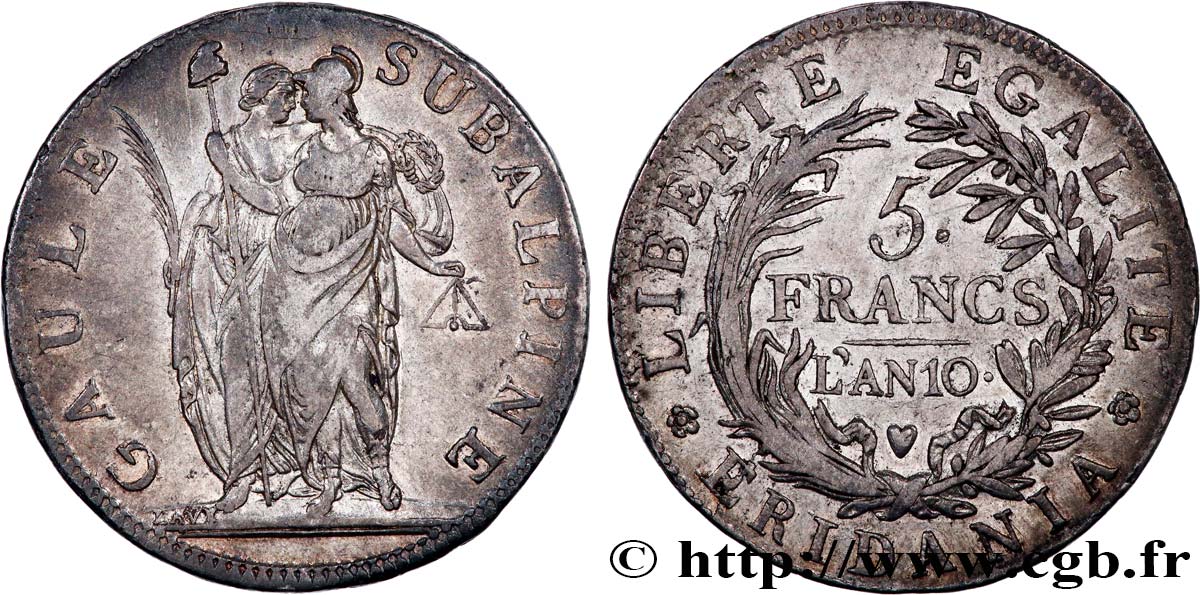 ITALIE - GAULE SUBALPINE 5 Francs an 10 1802 Turin TTB+ 