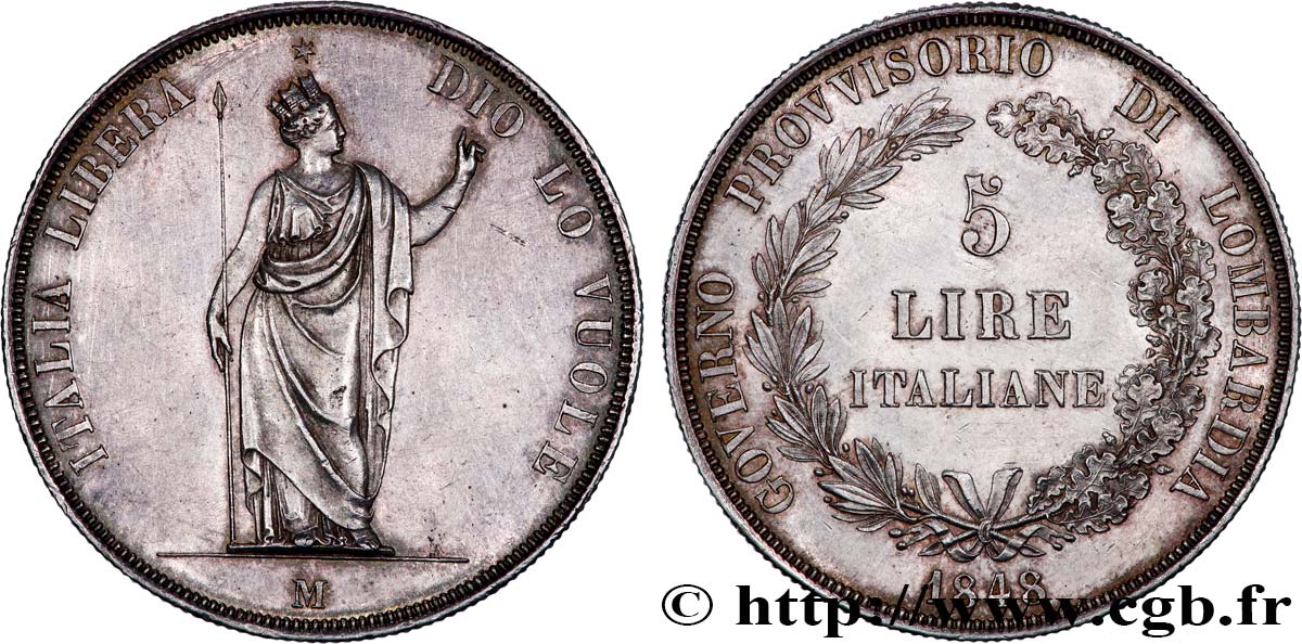LOMBARDIE - GOUVERNEMENT PROVISOIRE 5 Lire 1848 Milan SUP 
