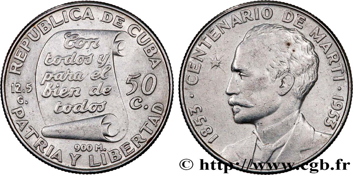 CUBA 50 Centavos centenaire naissance de José Marti 1953  AU 