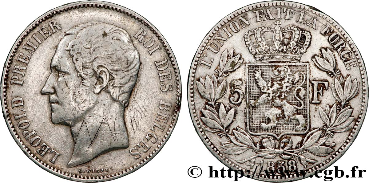 BELGIQUE - ROYAUME DE BELGIQUE - LÉOPOLD Ier 5 Francs tête nue 1858  VF 
