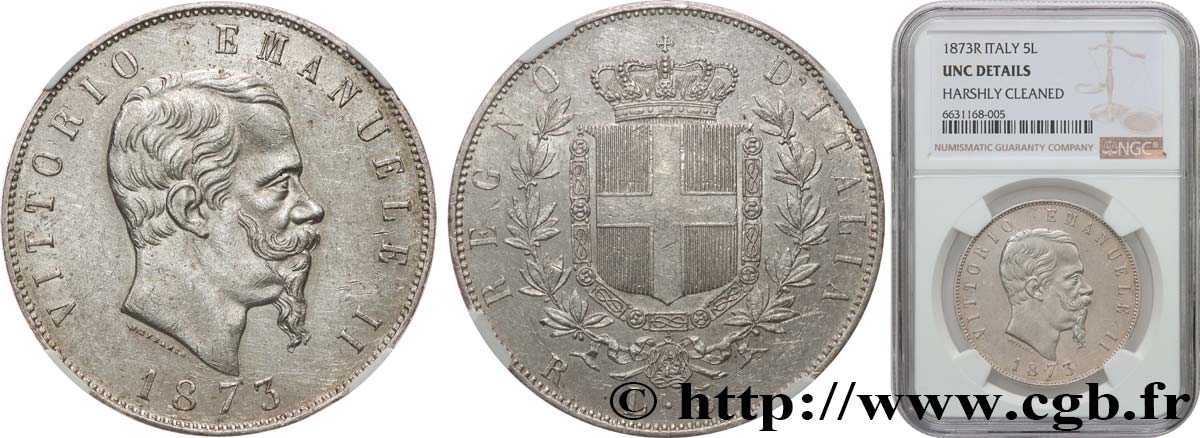 ITALY - KINGDOM OF ITALY - VICTOR-EMMANUEL II 5 Lire 1873 Rome MS NGC