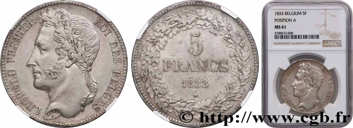 BELGIUM - KINGDOM OF BELGIUM - LEOPOLD I 5 Francs  1833  MS61 NGC