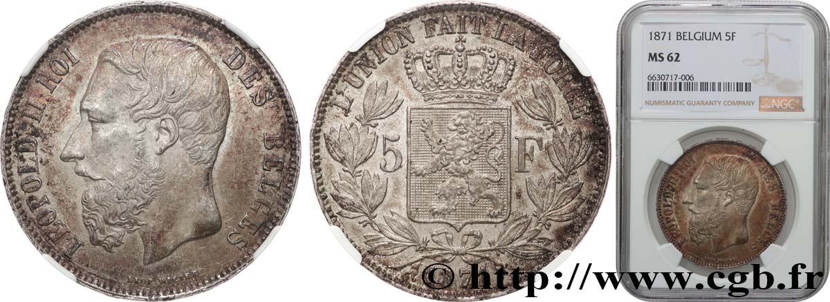 BELGIUM - KINGDOM OF BELGIUM - LEOPOLD II 5 Francs  1871  MS62 NGC