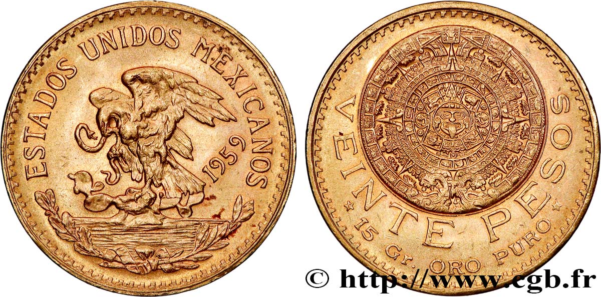 MEXIQUE 20 Pesos “Pierre du Soleil” (calendrier aztèque) 1959 Mexico SPL 