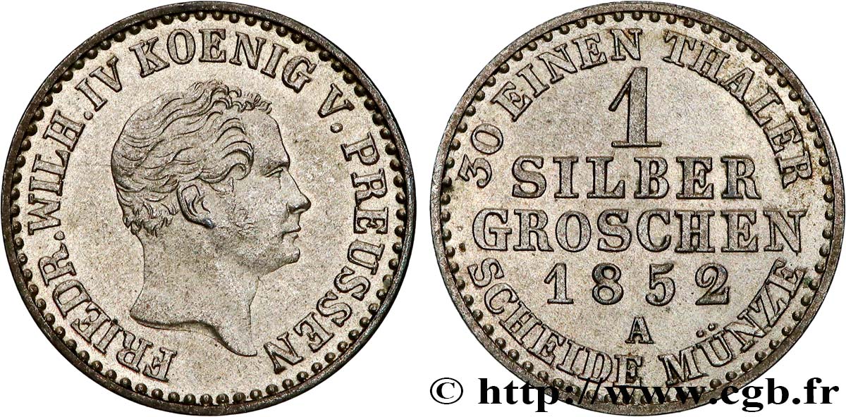 GERMANY - KINGDOM OF PRUSSIA - FREDERICK-WILLIAM IV 1 Silbergroschen  1852 Berlin AU 