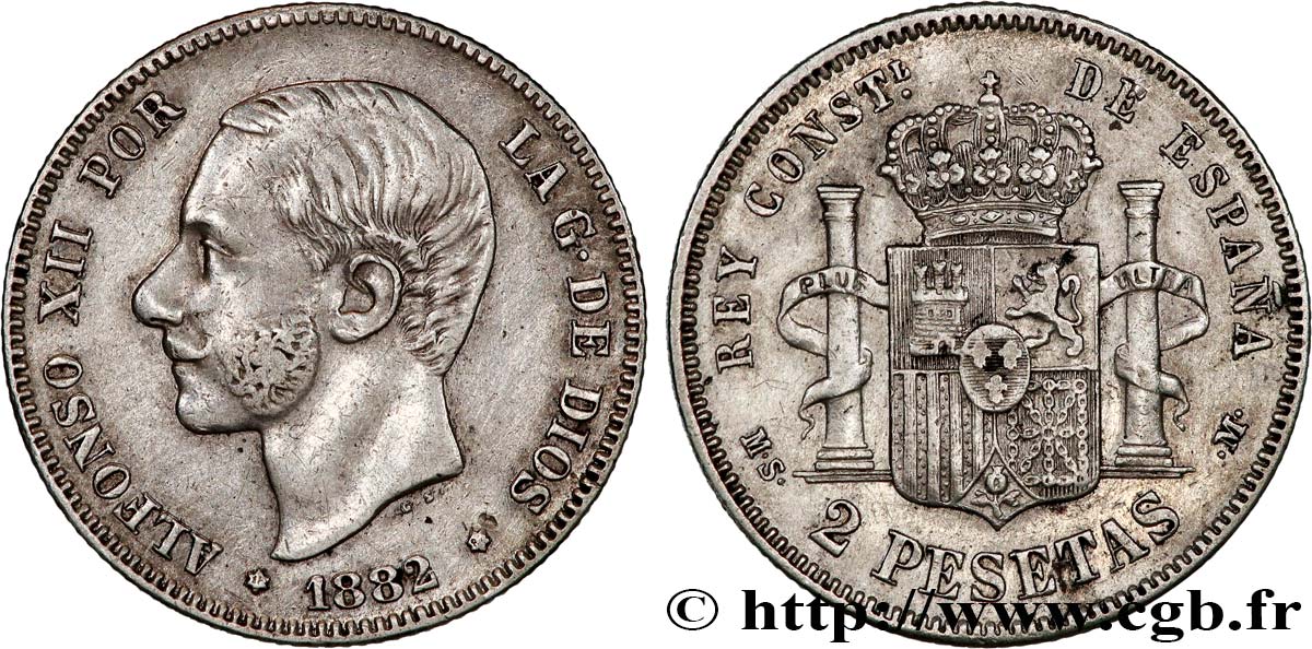 SPAIN 2 Pesetas Alphonse XI 1882 Madrid VF 