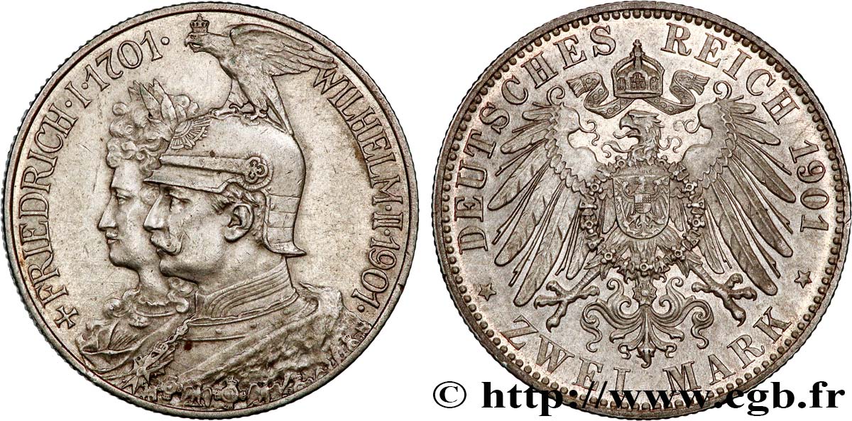 ALLEMAGNE - PRUSSE 2 Mark Guillaume II 200e anniversaire de la Prusse 1901 Berlin TTB+/SUP 