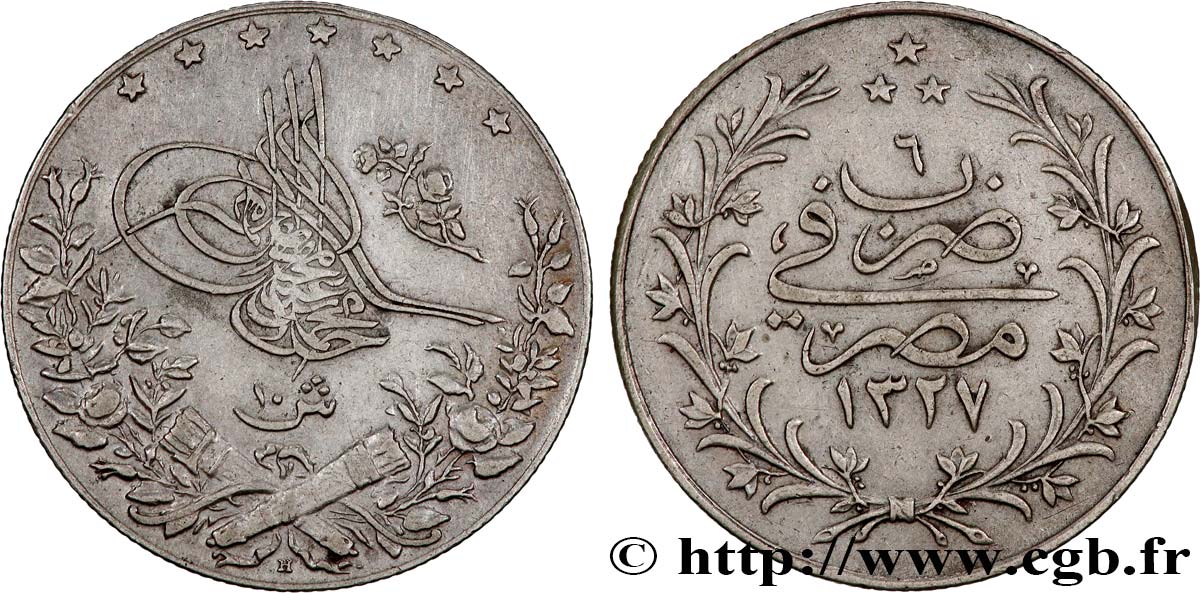 ÉGYPTE 10 Qirsh Muhammad V AH 1327 an 6 1914 Heaton TTB 