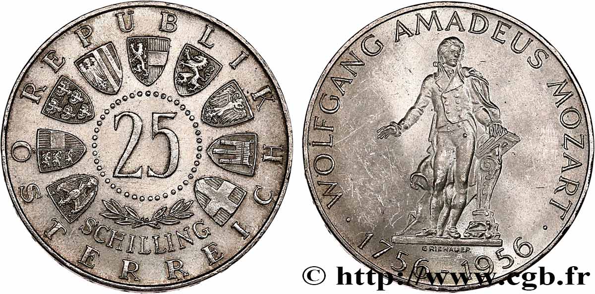 AUTRICHE 25 Schilling 200e anniversaire de la naissance de Mozart 1956  SUP 