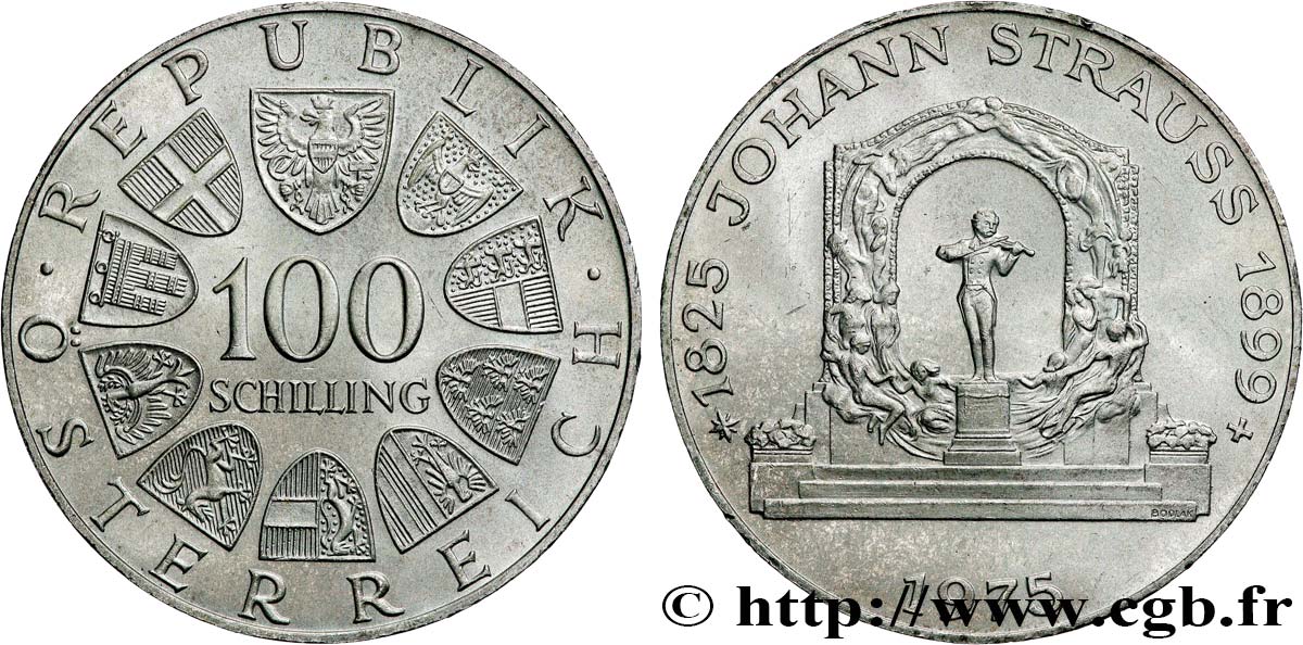 AUTRICHE 100 Schilling 150e anniversaire de la naissance de Johann Strauss 1975  SUP 