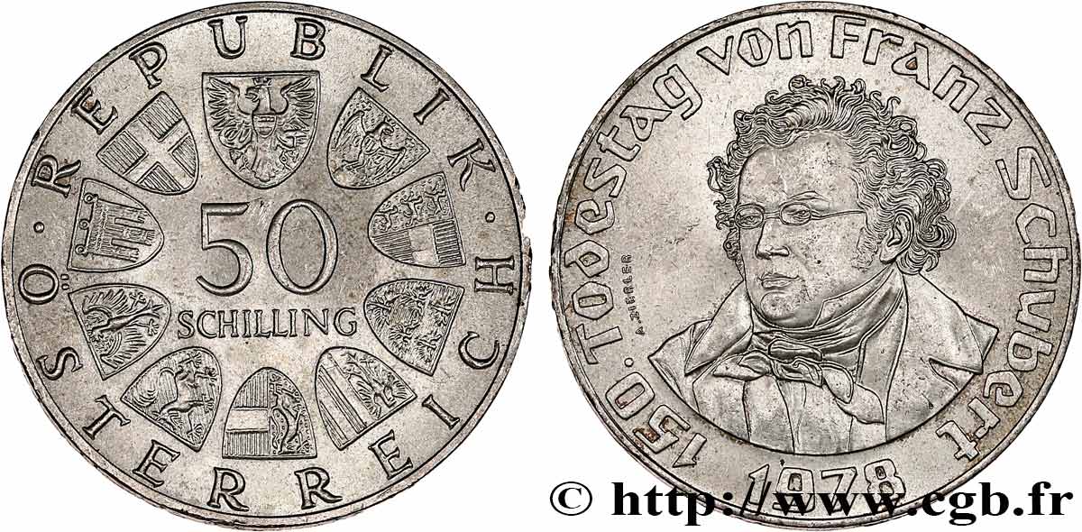 AUTRICHE 50 Schilling 150e anniversaire de la mort du compositeur Franz Schubert 1978  SUP 