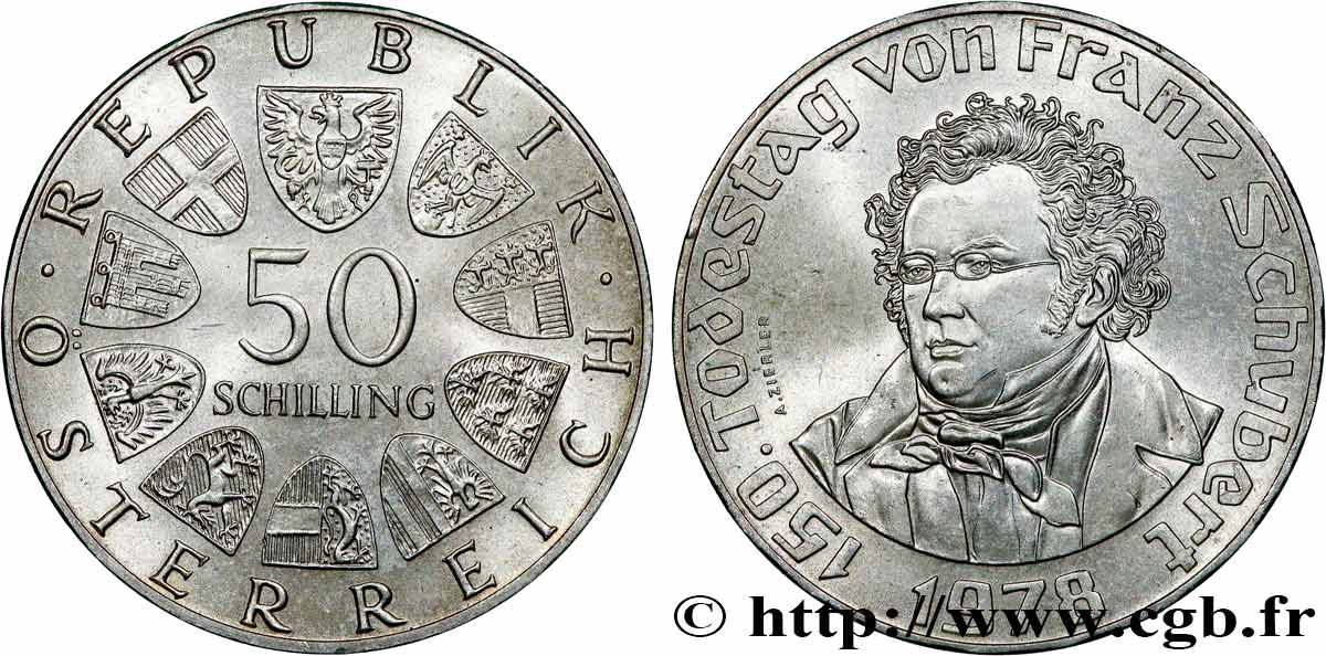 AUTRICHE 50 Schilling 150e anniversaire de la mort du compositeur Franz Schubert 1978  SUP 