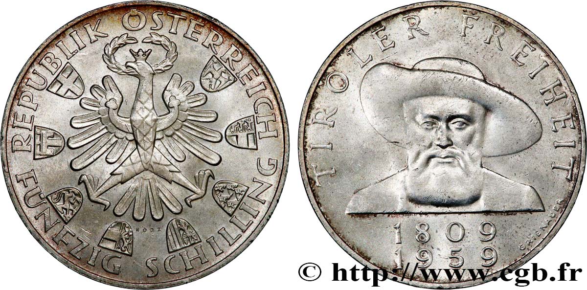 AUTRICHE 50 Schilling 150e anniversaire de la libération du Tyrol 1959  SUP 