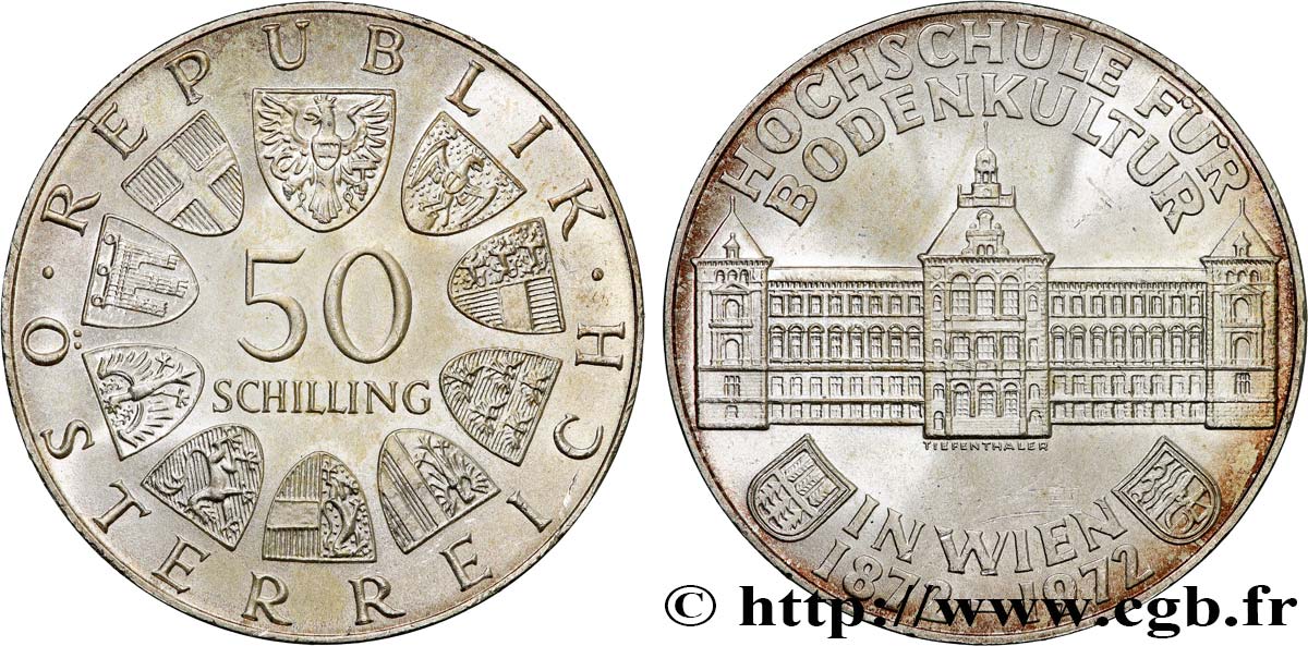 AUTRICHE 50 Schilling 100e anniversaire de l’Universität für Bodenkultur de Vienne 1972  SPL 