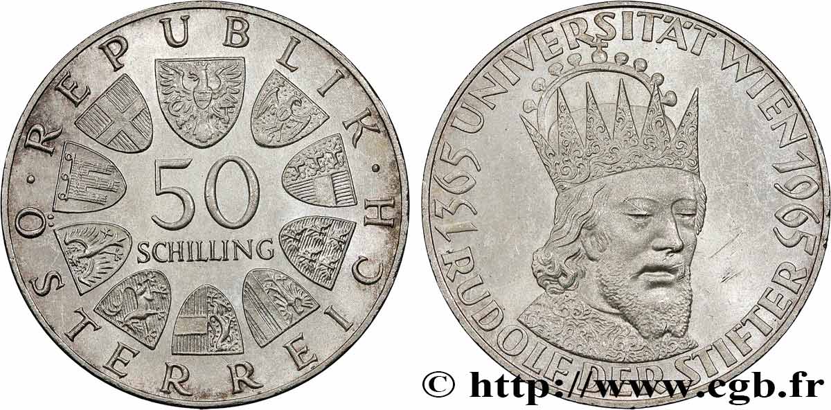 AUTRICHE 50 Schilling 600e anniversaire de la fondation de l’Université de Vienne par l archiduc Rudolf IV dit  der Stifter  1965  SUP 