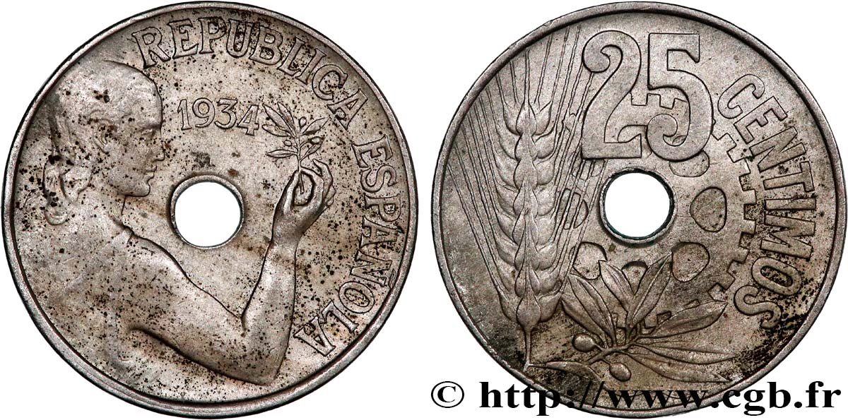 ESPAGNE 25 Centimos monnayage républicain 1934  TTB 
