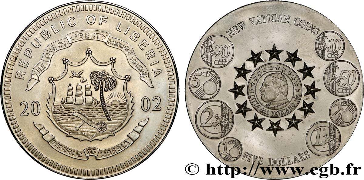 LIBERIA 5 Dollars Nouvelles monnaies en Euro du Vatican 2002  SPL 