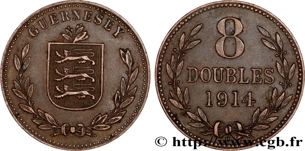 GUERNESEY 8 Doubles armes du baillage de Guernesey 1914 Heaton TTB+ 