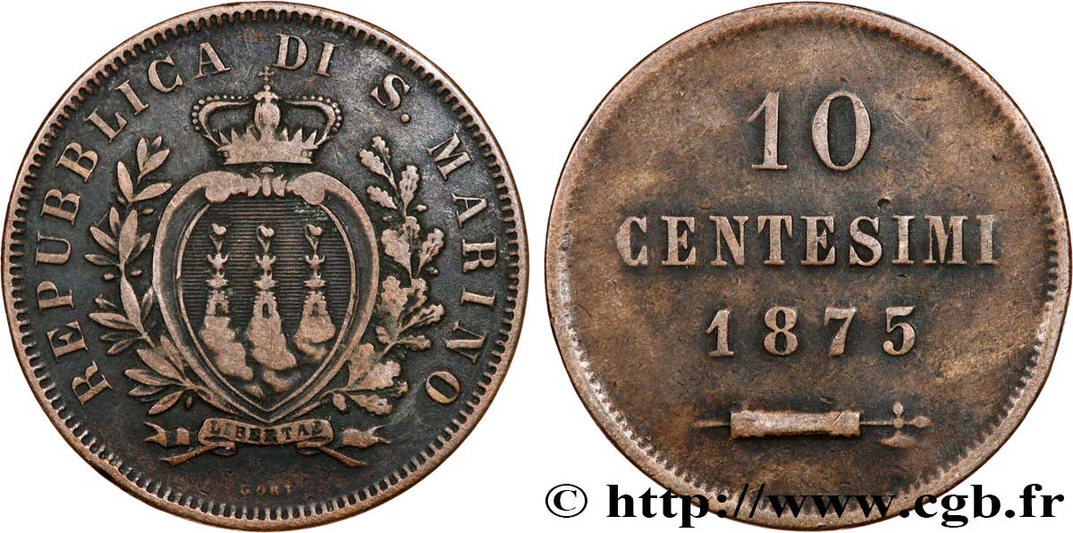 SAINT-MARIN 10 Centesimi écu aux trois tours 1875 Milan TB+ 