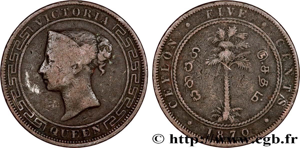 CEYLAN 5 Cents Victoria 1870 Calcutta TB 