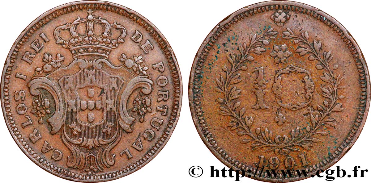 AZORES 10 Réis frappe pour Charles Ier 1901  MBC 
