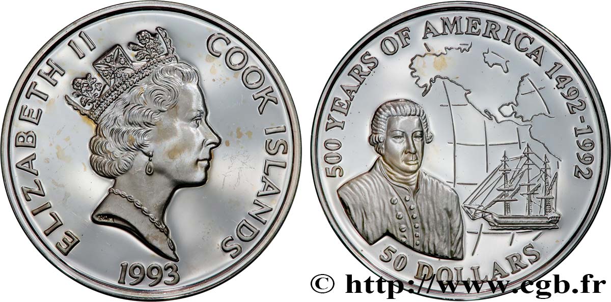 ÎLES COOK  50 Dollars Elisabeth II / 500e anniversaire découverte de l’Amérique, George Vancouver 1993  FDC 