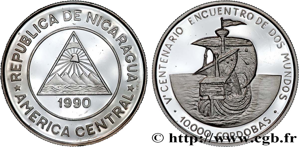 NICARAGUA 10000 Cordobas Proof 500e anniversaire de la découverte de l’Amérique 1990  SPL 